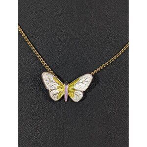 Vintage White Green Enamel Butterfly Pendant Necklace Gold tone 16"